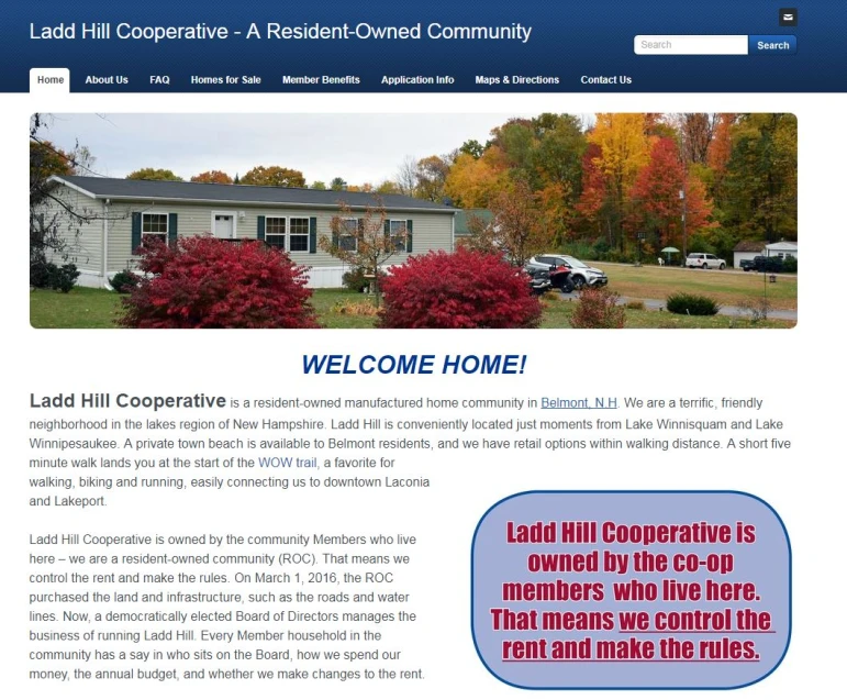Screen shot of Ladd Hill Cooperativeâs new marketing website showing homes and colorful fall foliage.