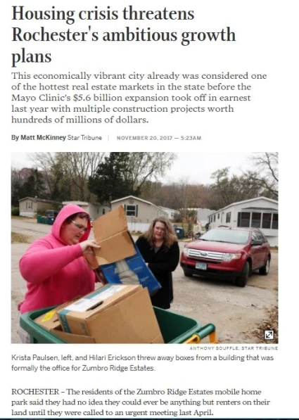 Photo of article and photo about affordable housing shortage in the (Minneapolis) Star Tribune.