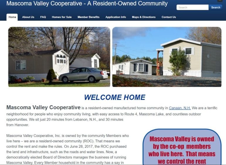 Screen shot of Mascoma Valley Cooperative’s new marketing website showing homes in the Canaan, N.H., community